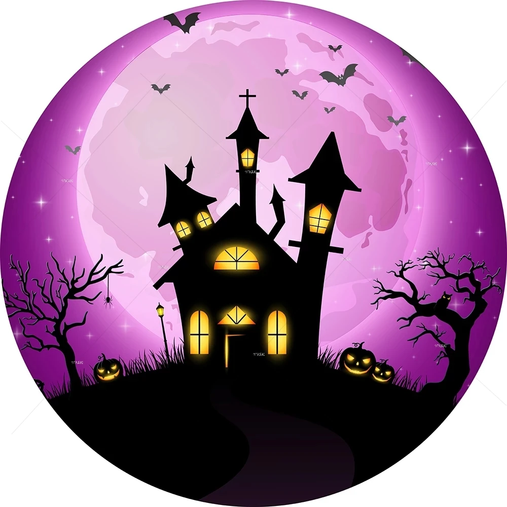 Night Full Moon Castle Round Circle Background Happy Halloween Themed Backdrop Baby Shower Birthday Party Table Cover Decoration enlarge