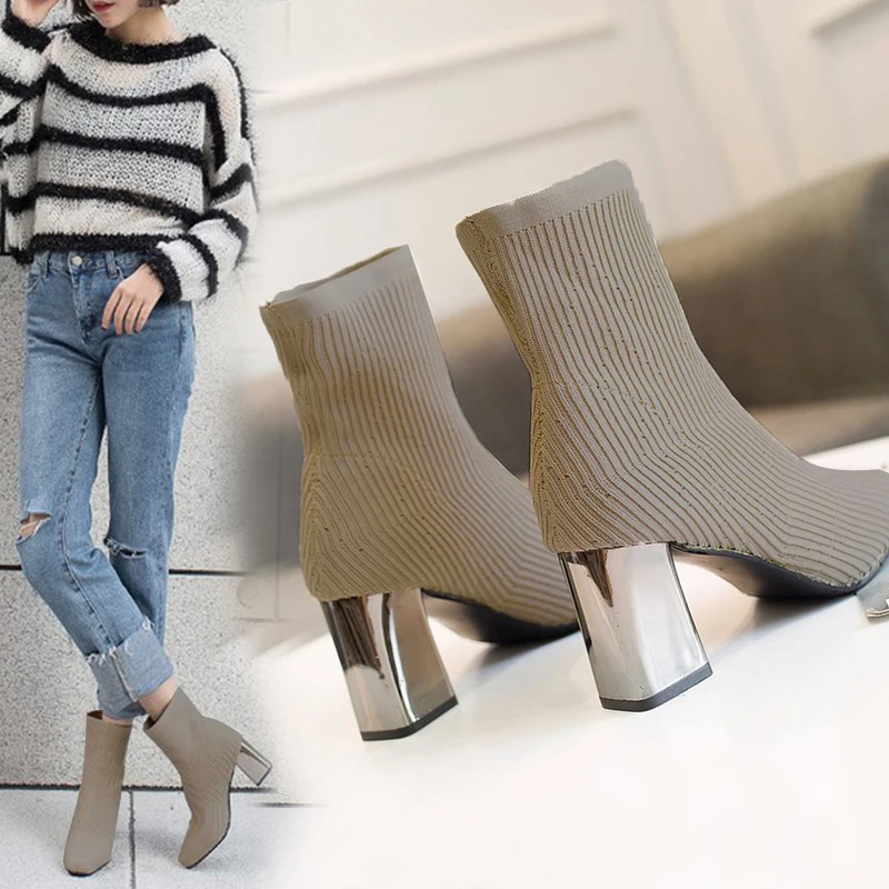 Женские ботинки новинка 2020 Ботинки Martin из эластичной ткани с квадратным носком