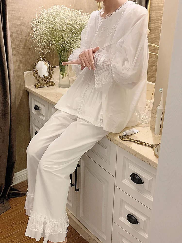 

Fairy Pajamas Set Female 2021 Spring and Autumn Princess Style Sexy Lace Nightwear Cotton Sweet Cute White Soft Sleepwear New