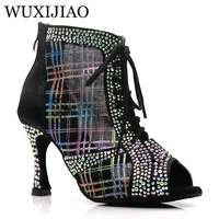 wuxijiao latin dance high boots shoes soft sole shoes salsa ballroom ladies mesh dance shoes cuba high heels 9cm