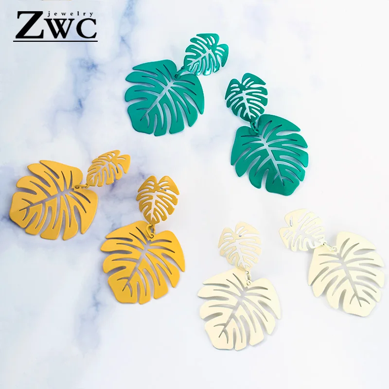 ZWC Новые Модные женские Полые зеленые белые желтые листья дерева серьги с длинной подвеской для женщин металлические висячие серьги ювелирные изделия оптом