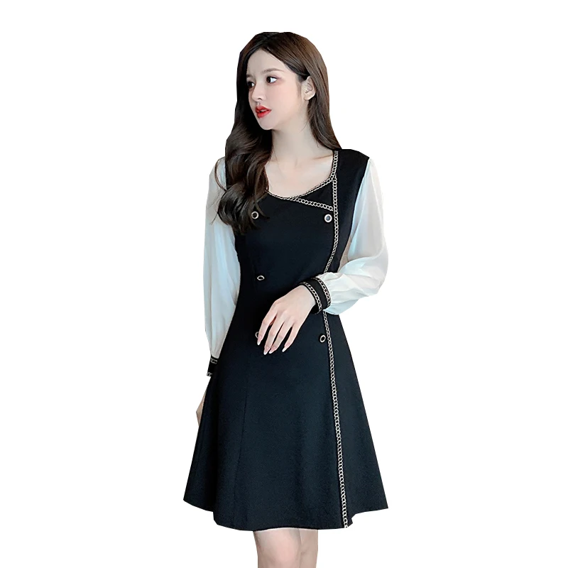

COIGARSAM French Style Chiffon Women dress New Summer Spring Vintage Dresses Black 8547
