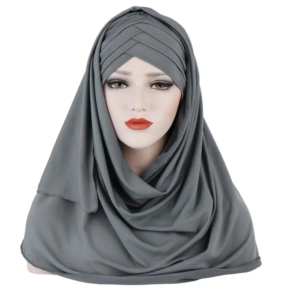 

Молочный шелк, монохромный шарф, шапка, костюм из двух частей, Малайзия, мусульманский женский модный хиджаб с нашивкой