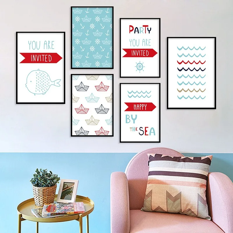 Скандинавский современный стиль Лодка Якорь Морская волна холст картина