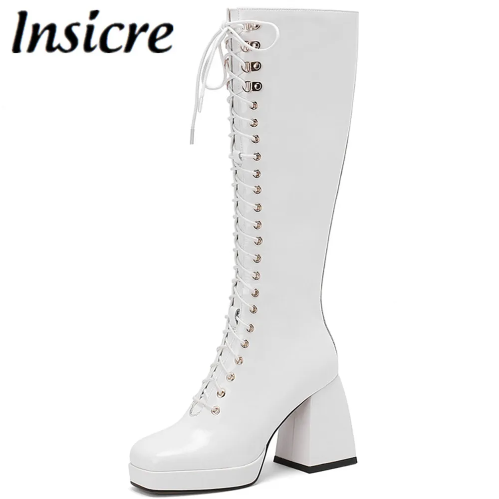 

Insicre New Hot Sale Women Combat Knee High Boots Autumn Winter Square Toe Thick High Platform Patent Leather Lace Up Party Shoe