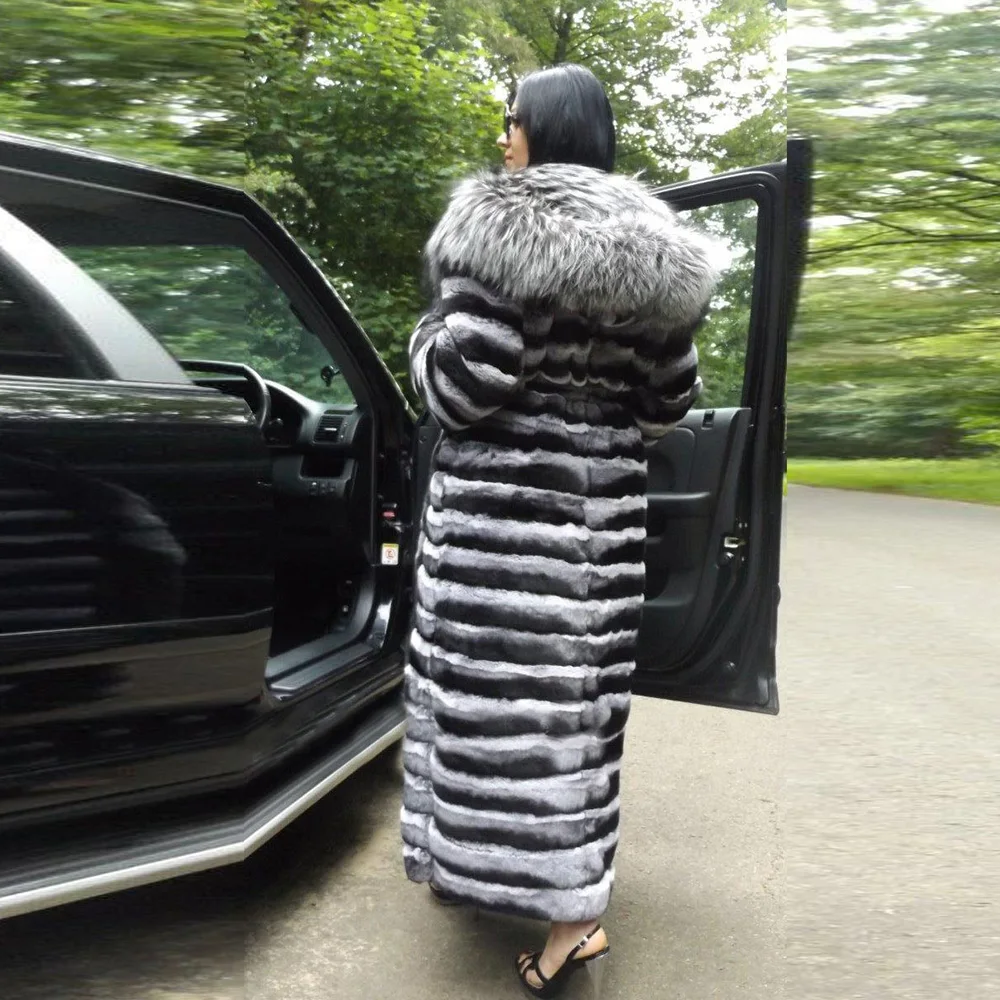130cm Long Real Rex Rabbit Fur Coat with Silver Fox Trim of Hood Luxury Winter Fashion Rex Rabbit Fur Overcoats Female Natural