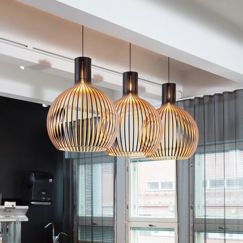 

Nordic Minimalist Creativity Black Wood Birdcage Pendant Lamp Modern Designer E27 Bulb Pendant Lights for Foyer Living Room Bar