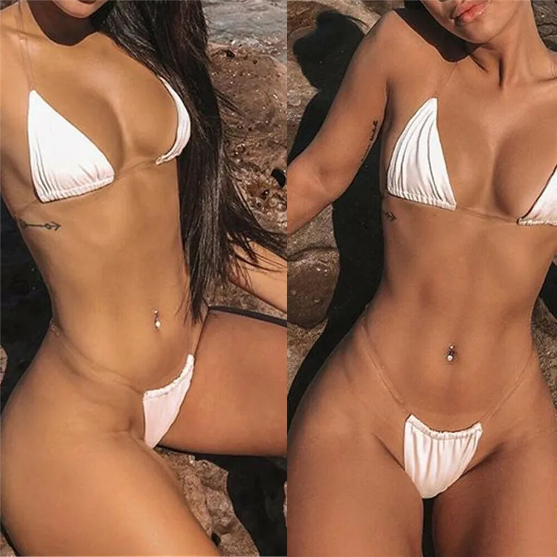 

2021 Women Transparent Straps Halter Neck Solid Micro G-String Bikini Set Bra Thong Sexy Push Up Swimwear Bathing Swimsuit