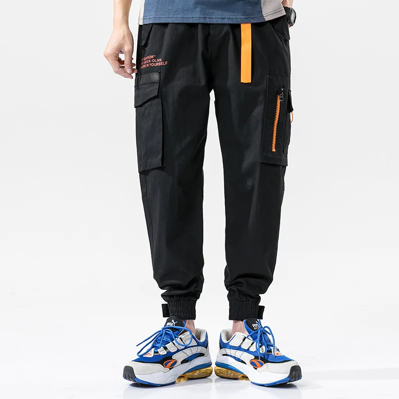 Мужские брюки для бега в стиле хип хоп черные и зеленые спортивные с боковой