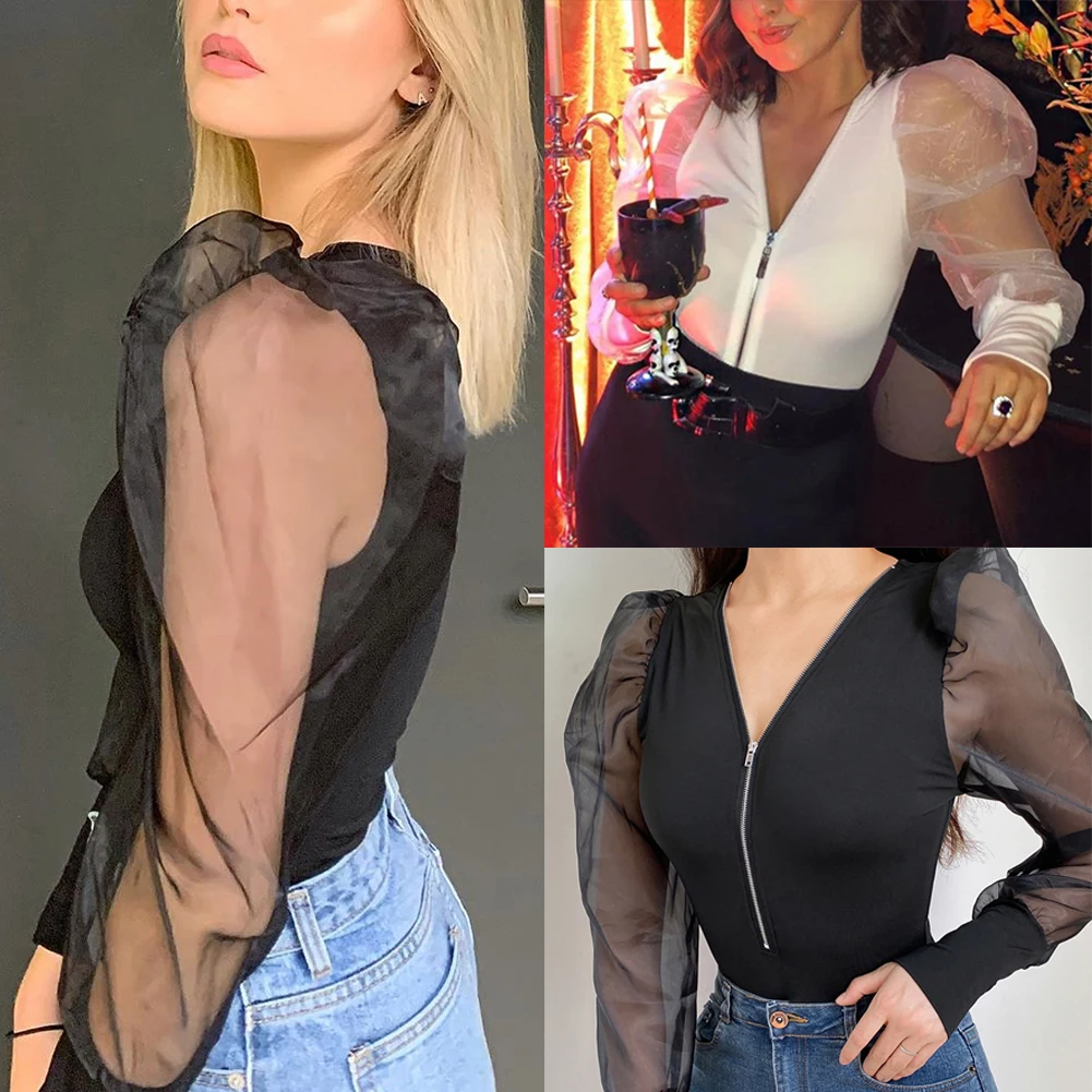

Women Mesh Splicing Puff Zipper Shirt Long Sleeve Ribbed Loose Casual Blouse V Neck Party Party Clothes