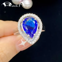 black angel ladies 925 silver ring for women inlaid temperament water drop blue crystal gemstone adjustable jewelry party gift