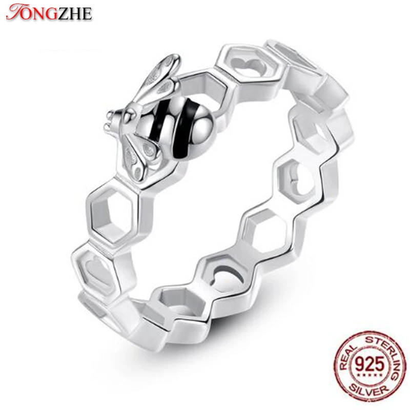 TONGZHE Honeybee Heart 925 пробы серебряные кольца Love многоцветные розовые золотые пчелы в