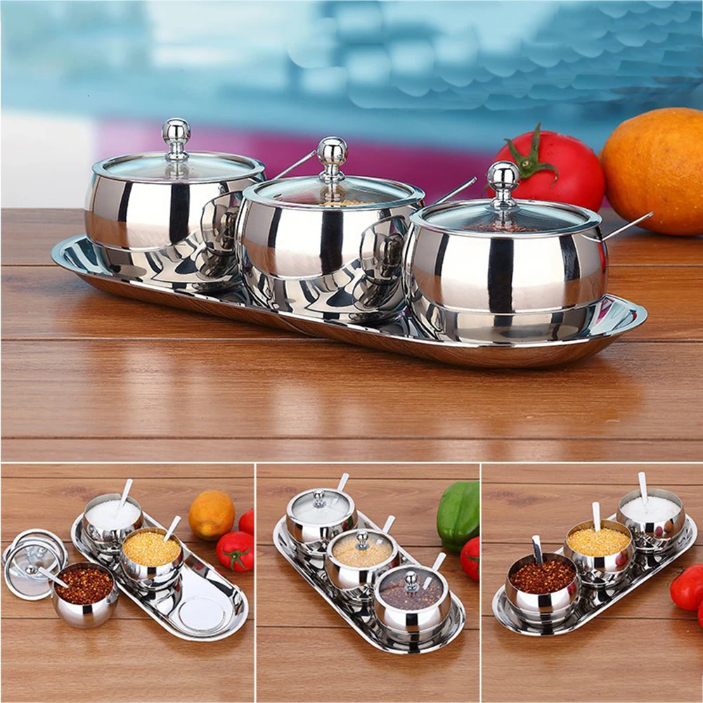 stainless steel sugar bowl seasoning jar condiment pot spice container canister cruet with lid spoon kitchen tools gadgets can free global shipping