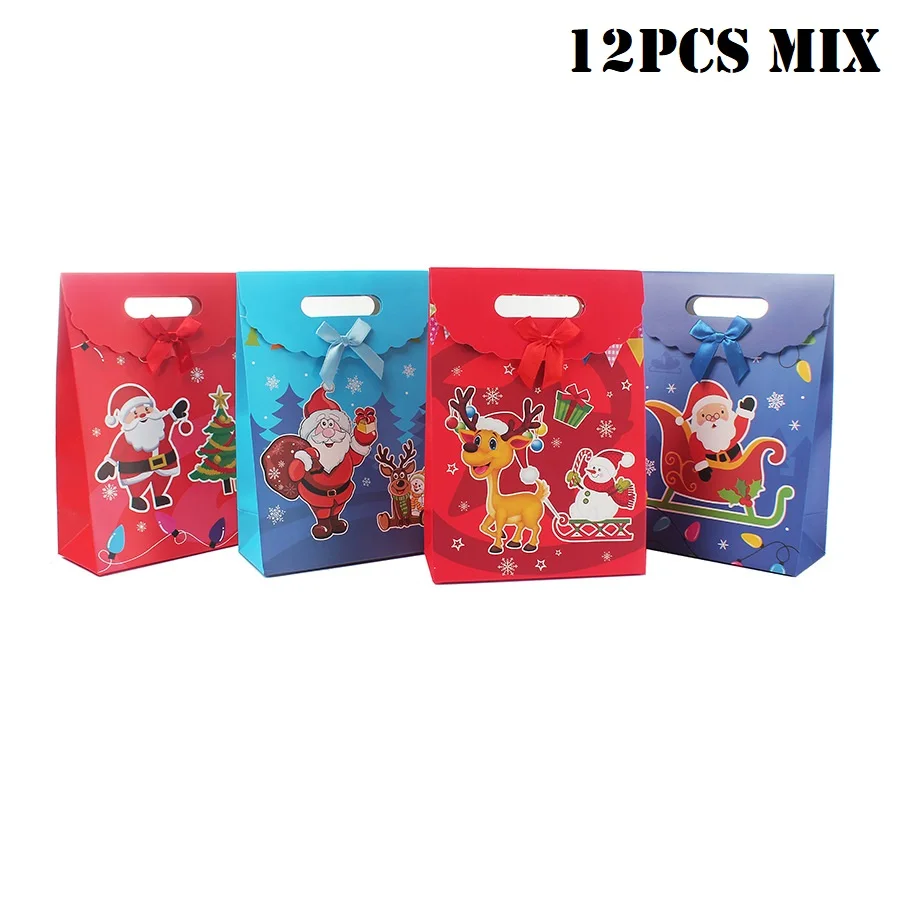 B 12pcs mix 12 шт./компл. ярко-красного цвета с рисунком Санта Клауса, большие сумки, Reutilizables Веселый Рождественский подарок сумки Бумага рождественские конфеты сумка с ручками - Цвет: B 12pcs mix
