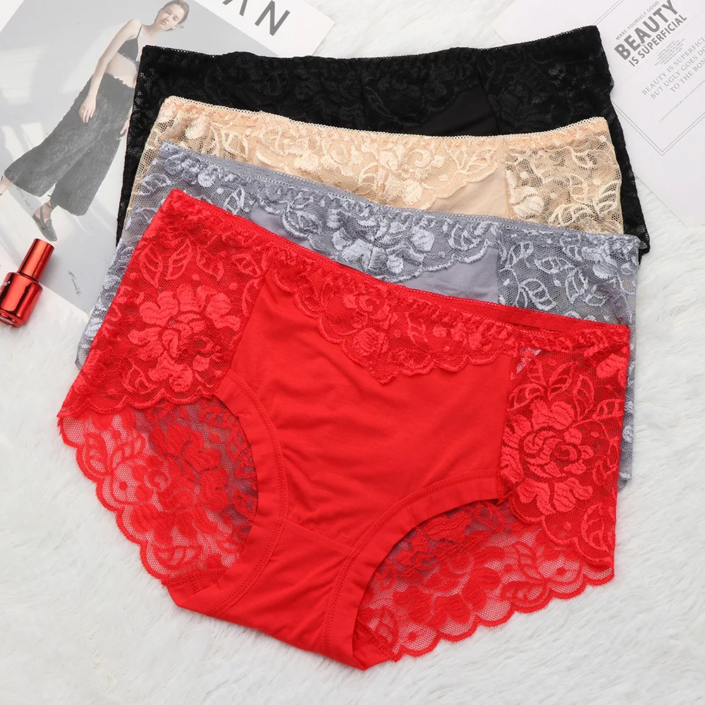 Fashion Women's Cotton Underwear Panties Sexy Lace Mid-Waist Hollow Female Briefs Hip Lift Underpant For Lady Plus Size Lingerie | Женская