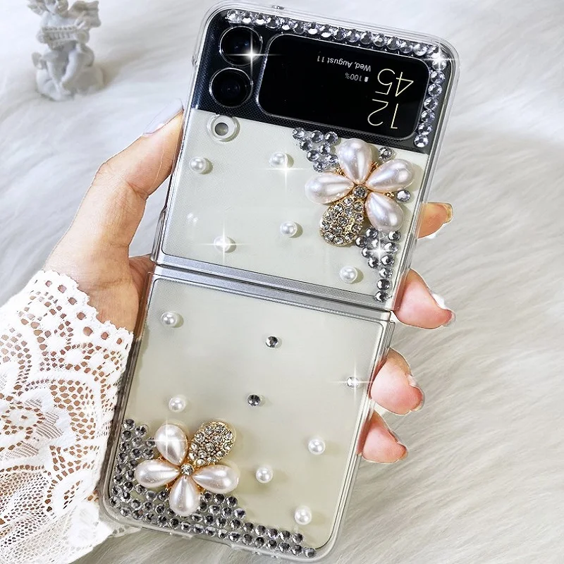 

Cute Pink Sparkle Gems Crystal Glitter Bling PC Hard Protective Cover for Samsung Galaxy Z Flip 3 Diamond Phone Cases