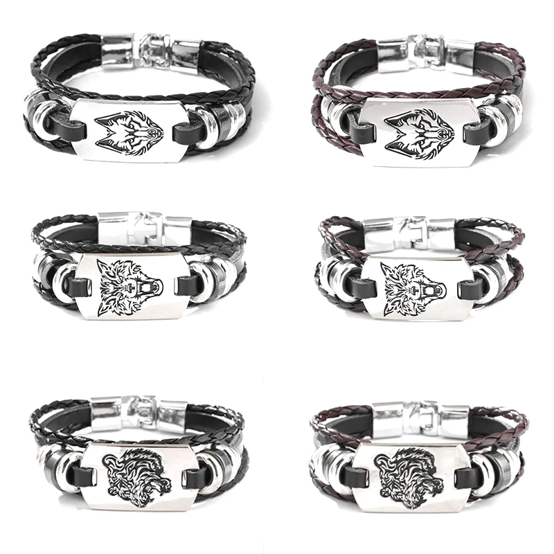 Многослойный кожаный браслет из нержавеющей стали с изображением головы волка в