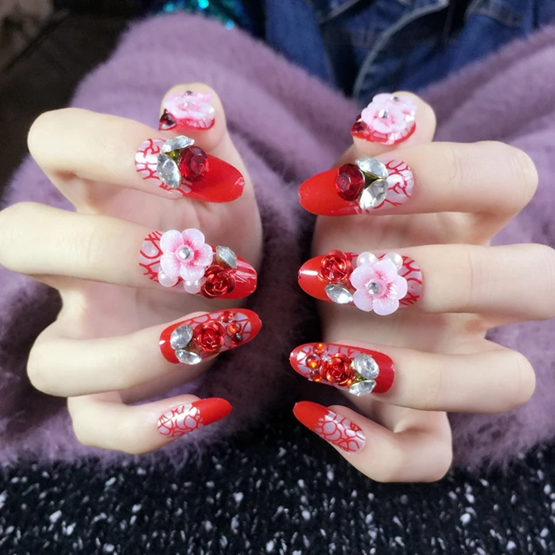 

24pieces (Pre-glue) Red Noble Manicure 3D Rhinestone Glitters Bling Decoration Long Fake False Acrylic False Nails