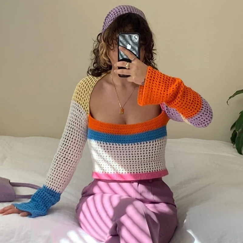 

Женские свитера, осень 2021, вязаный пуловер с ажурными вставками и квадратным вырезом, вязаные уличные топы, женская осенняя одежда
