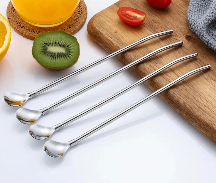

100Pcs/lot Creative Drinking Straws Spoon Stainless Steel Drinking Straw Cocktail Stirring Spoon Bar Milk Coffee Stirring Tools