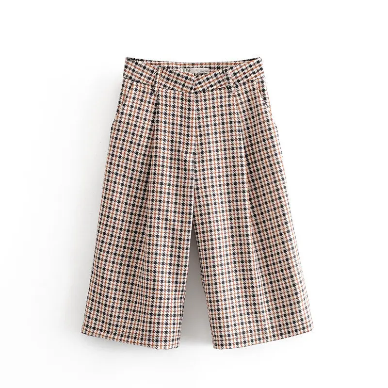 Женские брюки в клетку с высокой талией повседневные Прямые свободные карманами