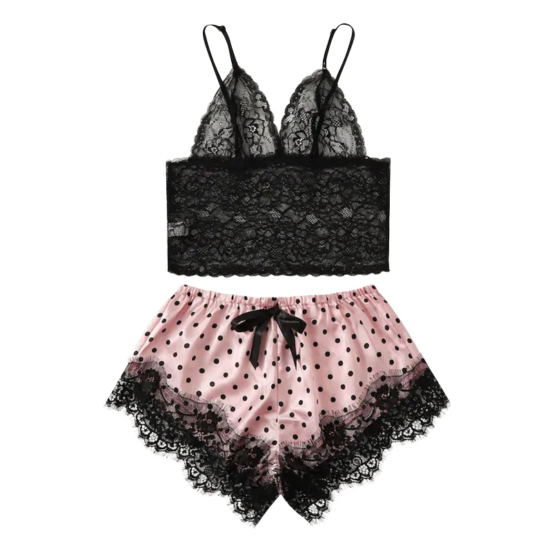 

Sexy Lingerie Underwear Set Women Satin Lace Silk Print Shorts Bow Sleepwear Pajamas Two-piece