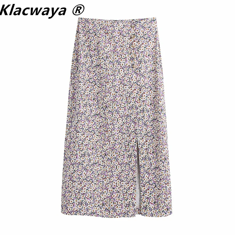 

Klacwaya Women 2021 Chic Fashion With Buttons Floral Print Midi Skirt Vintage High Waist Vents Hem Female Skirts Mujer