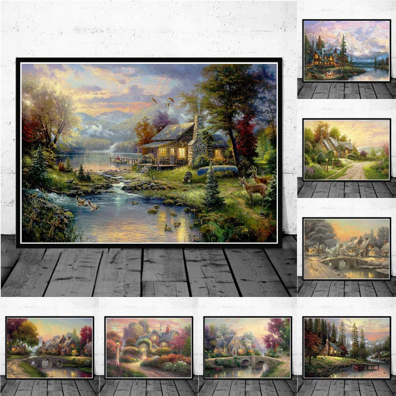 

Modern Nature Landscape Poster Forest Boat Cottage Art Thomas Kinkade Canvas Painting Mountains River Wall Pictures Home Decor