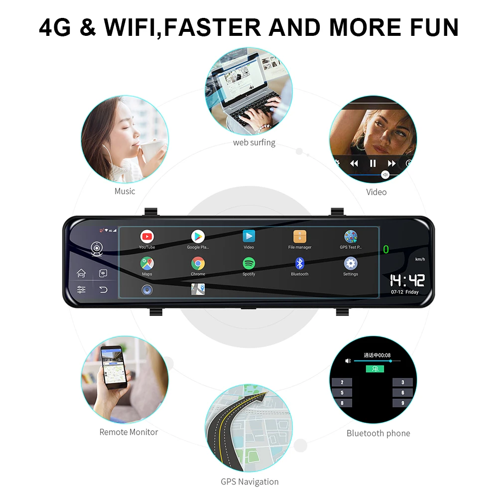 Зеркало заднего вида 12 дюймов Full HD 1080P Android сенсорный экран с Bluetooth WIfi GPS модуль