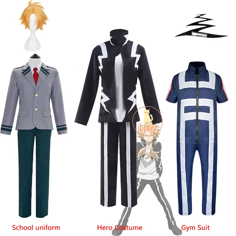 

My Hero Academia Denki Kaminari Cosplay Costume Blonde Wig MHA Boku no Hero Updated Hero Costume Black Jacket LIghtning Hairpin