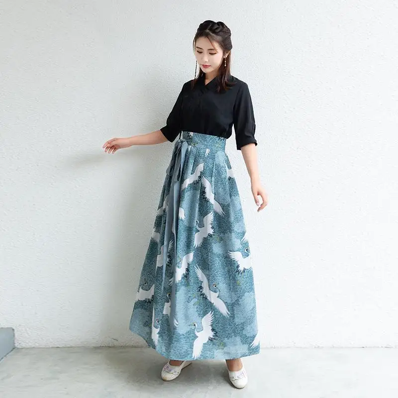 

New Festival Hanfu Clothing Crane Printed Folk Dance Costume Top Skirt Set Traditional Chinese Clothing for Women Dress