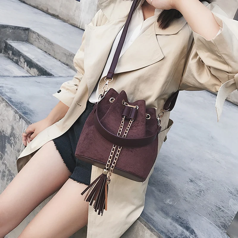 Женские замшевые сумки на плечо сумки-ведро с кисточками для девочек через