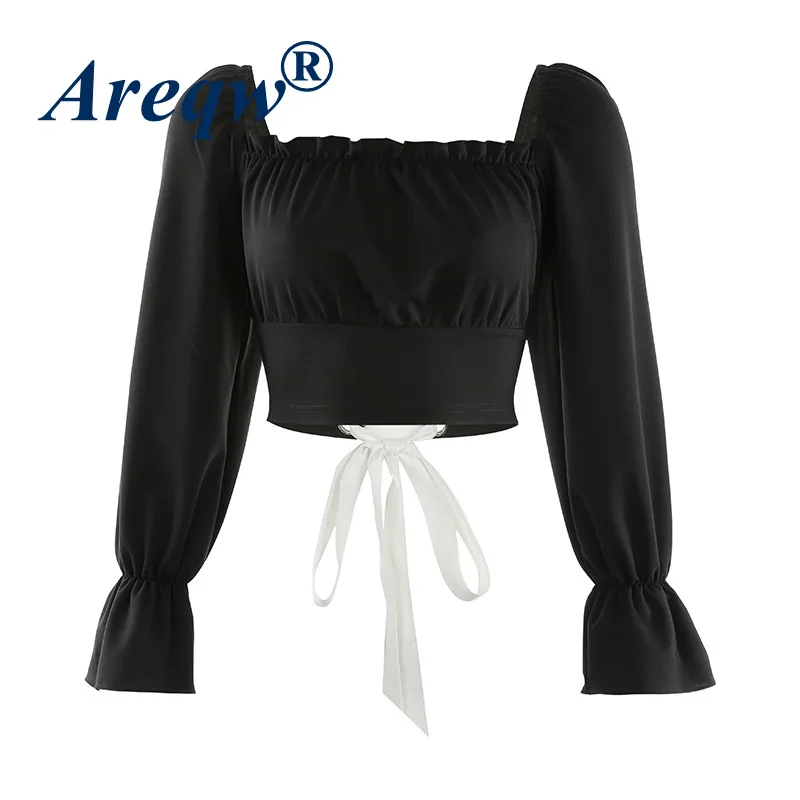 

2021 Spring New Fashion Back Strap Hollow Square Neck Short Blouse Women's Bottoming and Thin Long-sleeved T-shirt