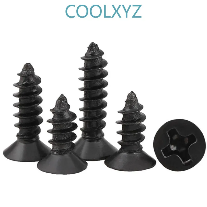 Черный крестообразный утопленный саморезающий винт с потайной плоской головкой