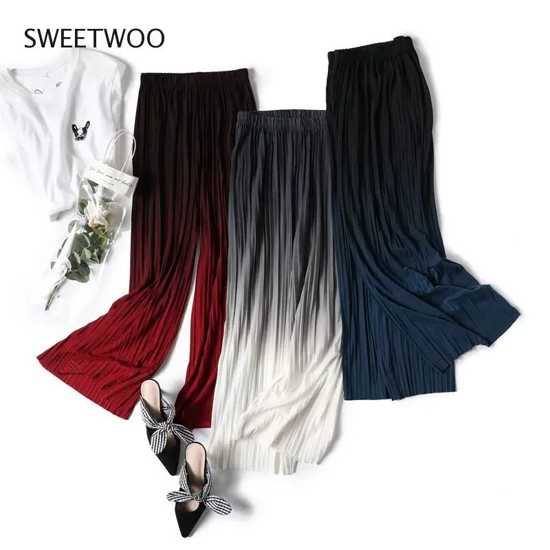 

Female Summer Ice Silk Gradient Color Wide Leg Pants Pleated Nine Points Large Size High Waist Drape Skirt Straight Beach Pants