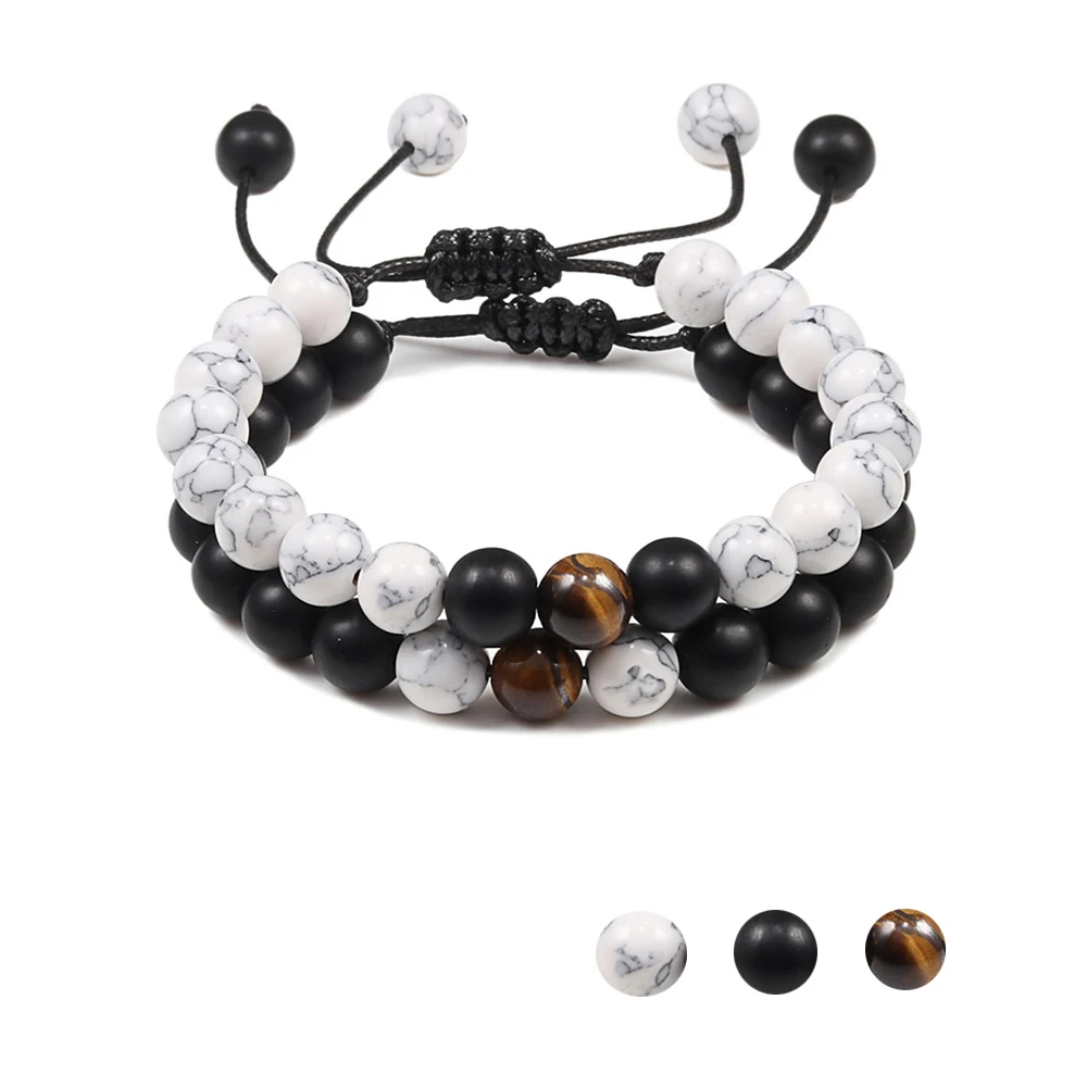 

8MM 2Pcs/Set Bead Bracelets Natural Tiger Stone Black White Matte Adjustable Handmade Healing Yoga Bangles For Women Men Jewelry