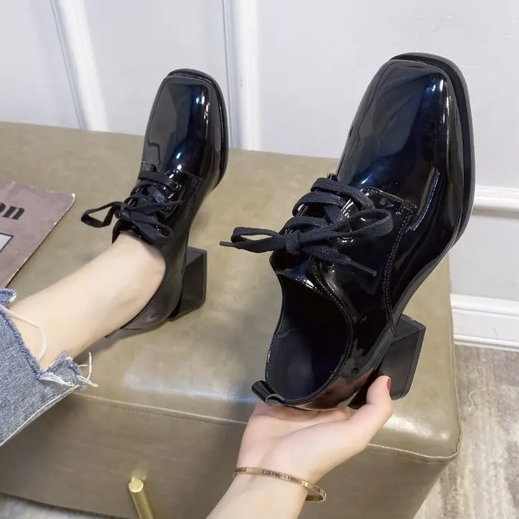 

Women Shoes 2021 Spring Pumps Chunky Sandals Casual Heels Square Toe Lace-Up Latest Leather Block Comfortable Beige Retro 3cm Go