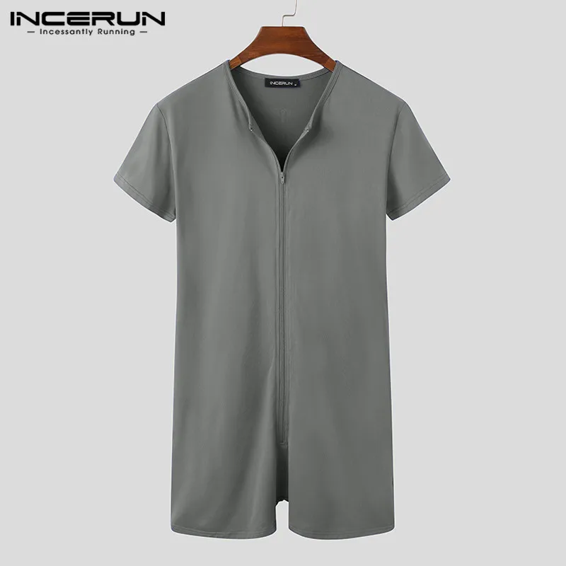 INCERUN Men Pajamas Rompers Solid Short Sleeve V Neck Zipper Fitness Leisure Homewear Playsuits Cozy 2022 Jumpsuit Sleepwear