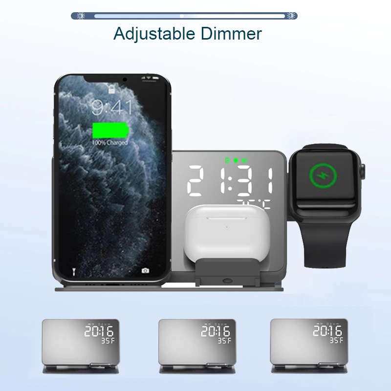 

Clock 4 In 1 Wireless Charger LED Smart Digital Clock Table Electronic Desktop Clocks USB Fast Charger