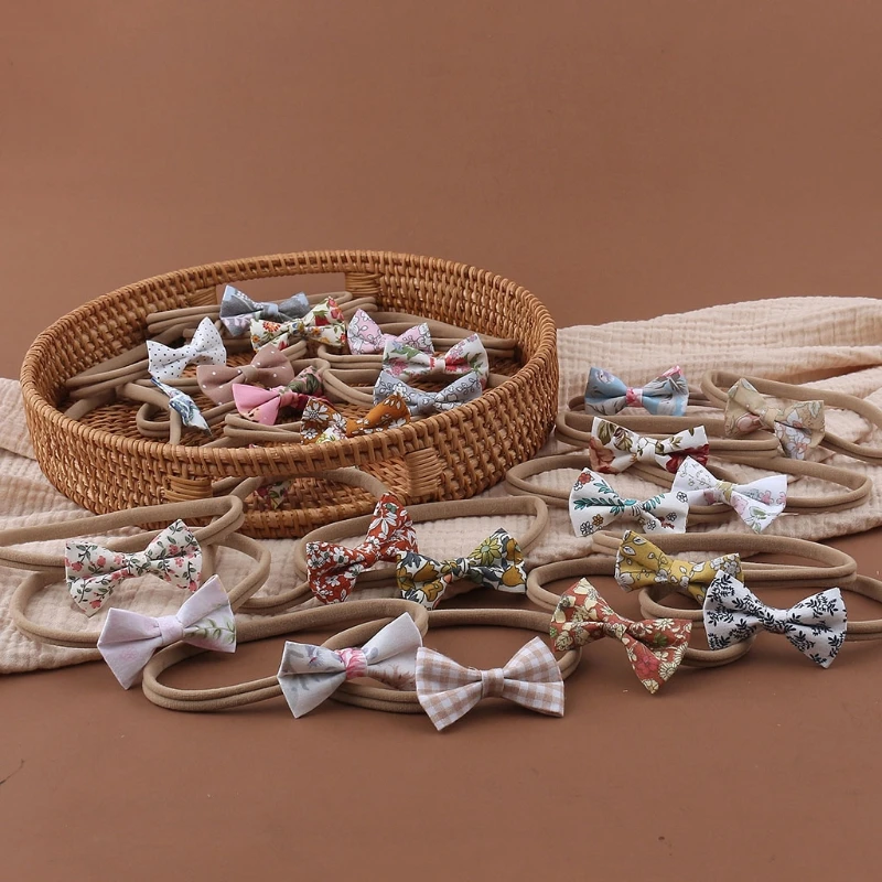 

H55B Princess Bowknot Headband Cute Printing Baby Elastic Hair Band Soft Cotton Headwear for Newborn Infants Girls Hair Props