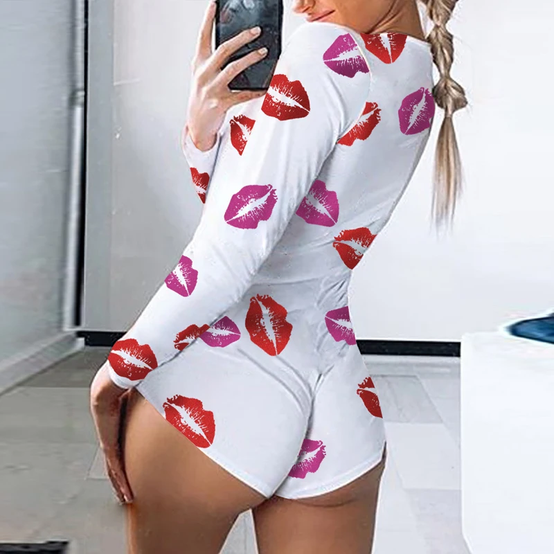 

STYLISH LADY Red Lips Printed Jumpsuits 2020 Summer Women Long Sleeve Deep V Neck Club Party Pajamas Short Playsuit