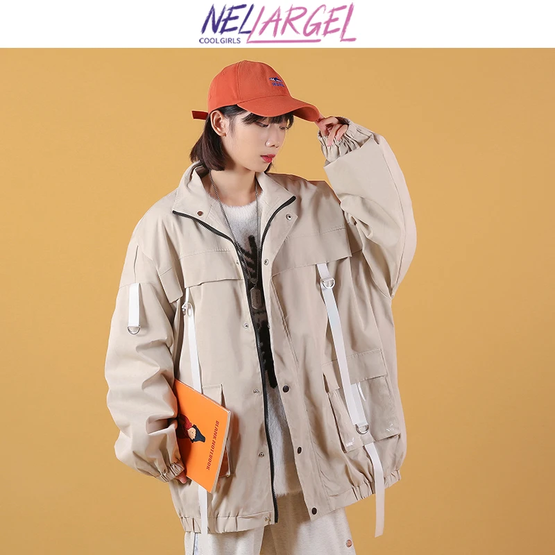 

NELLARGEL Women Patchwork Black Cargo Jackets 2022 Female Japan Streetwear Hooded Varsity Jacket Girl Kpop Colorful Windbreaker