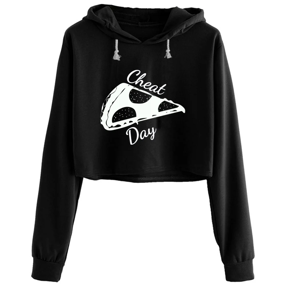 

Pizza Cheat Day Crop Hoodies Women Y2k Kawaii Goth Grunge Pullover For Girls