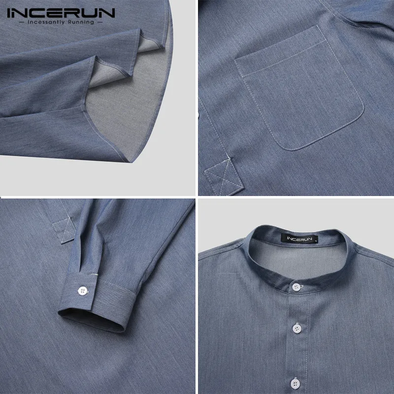 

Man Korean Style Pocket Loose Camisa Masculina INCERUN Men Solid Color Long Sleeve Shirts Vintage Stand Collar Button Blouse 5XL