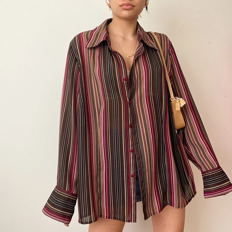 

NSHYPOI дизайнерская контрастная цветная полосатая свободная модная блузка с длинными рукавами женская темпераментная рубашка с отложным вор...