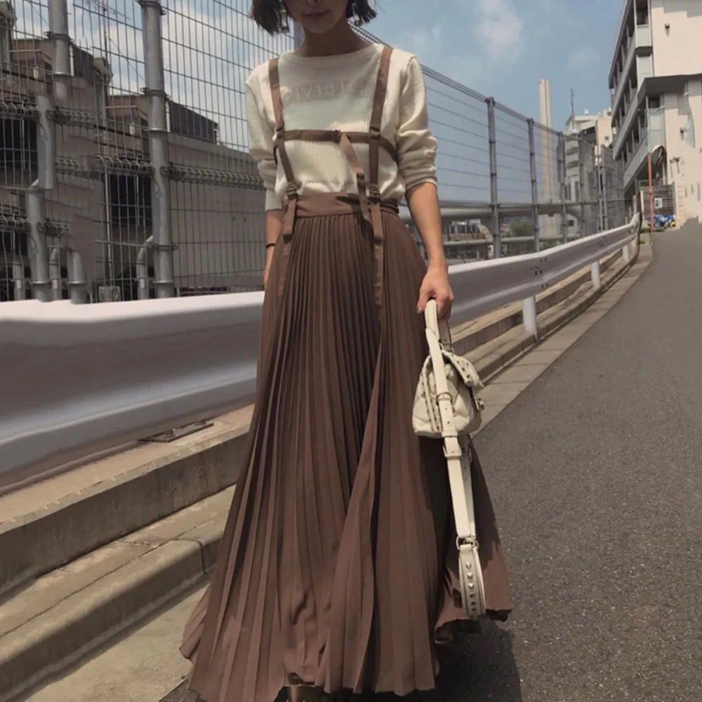 

Suspender Pleated Dress Women 2019 Autumn Korean Style Strap Long Dresses Elegant Cusal Vintage Lady Vestidos Robe Brown/Pink