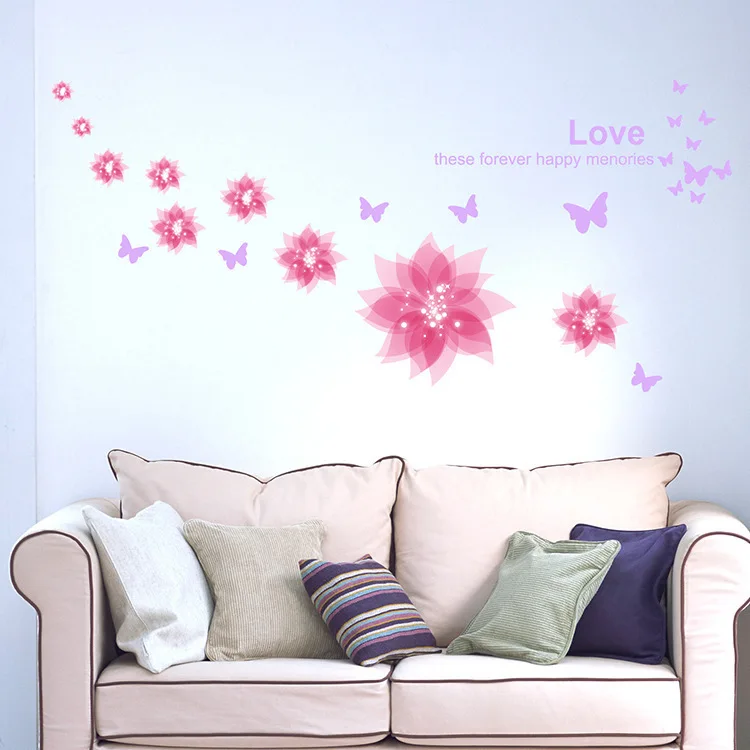 

Dream pink flower wall sticker romantic bedroom living room glass decoration sticker self adhesive removable