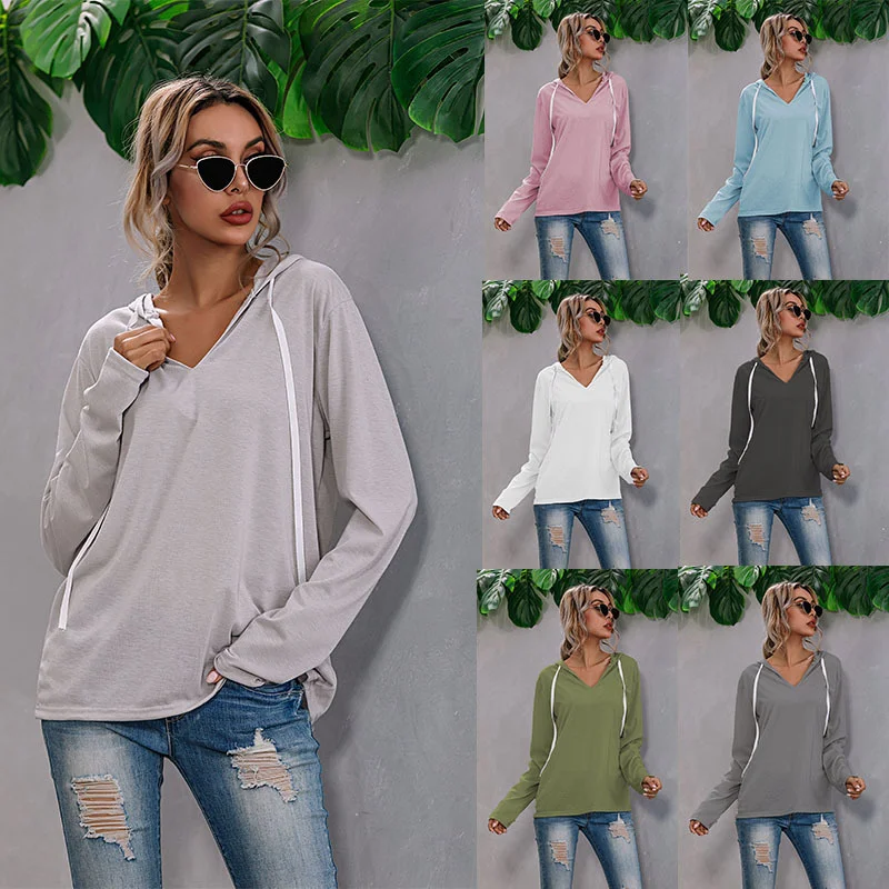

New 2020 Winter Autumn Irregular Solid Color Drawstring V-neck Sweater Base Coat Hooded Sweater for Women