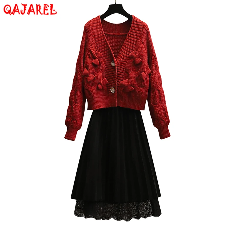 

Женский офисный комплект из 2 предметов, трикотажный однобортный Кардиган и длинная Плиссированная юбка, Осень-зима 2023