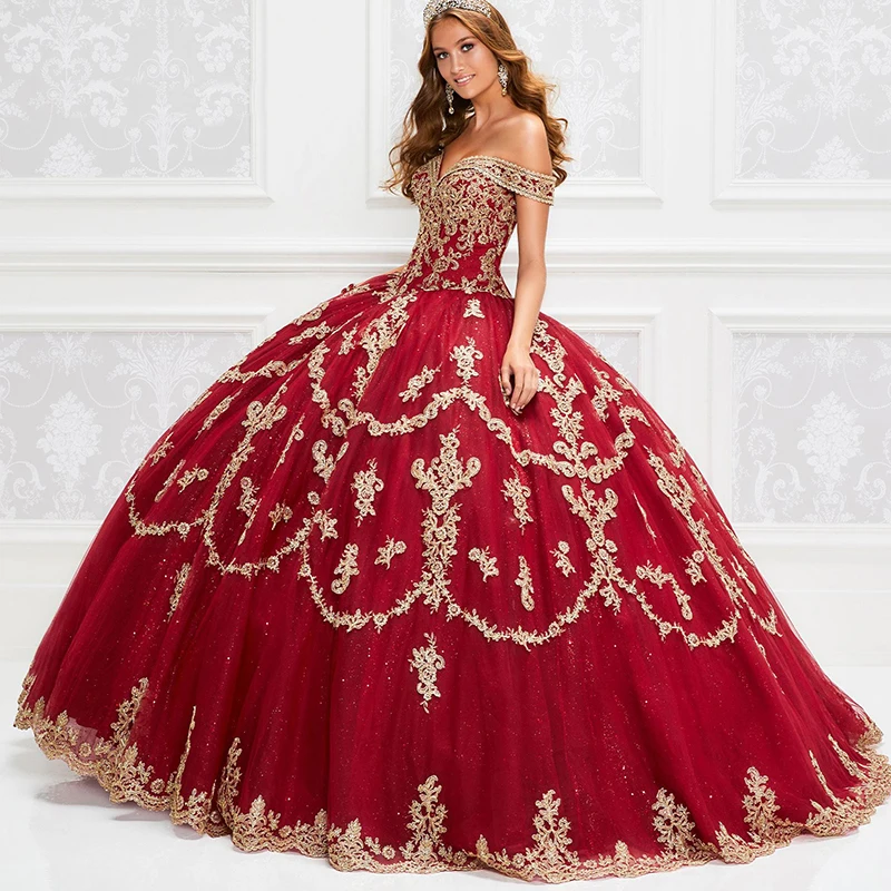 

Великолепные красные платья Quinceanera с золотыми блестками, кружевное бальное платье, платье для выпускного вечера, платье для праздника, мило...